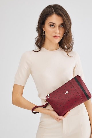 Deri Company Kadın Basic Clutch Çanta Monogram Desenli Şeritli Bordo Siyah (4006B) 214012 Bordo - Siyah