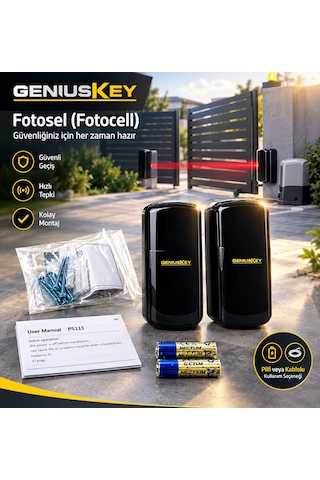 Geniuskey Pilli Fotosel Otomatik Kayar Kapı Motoru Emniyet Sensörü Kablosuz Ve Kablolu Fotosel Takımı