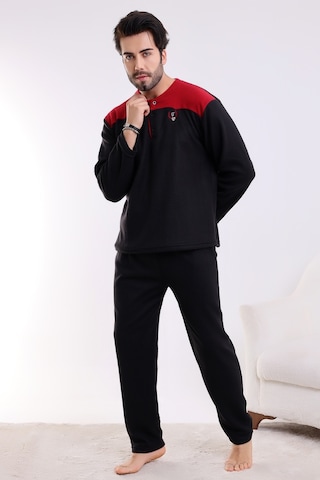 Wordex Falkon 7204 Polar Kışlık Erkek Ev Pijama Takımı Uyku Takımı Siyah
