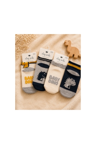 Olay Socks 4'lü Erkek Bebek Dinozor Desenli Pamuklu Çorap Seti Çok Renkli