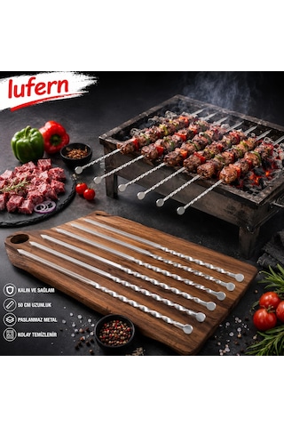 Yüksek Isıya Dayanıklı Burgulu Kuşbaşı Şişi Metal Kalın Kare Mangal Ateş Et Tavuk Sucuk 50 Cm