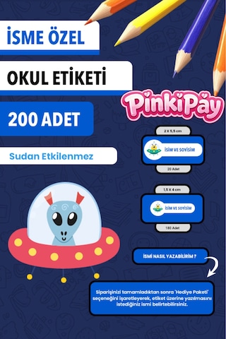 İsim Yazılabilir Sevimli Uzaylılar Temalı Okul Etiketi Kalem & Defter İçin 200 Adet Çoklu