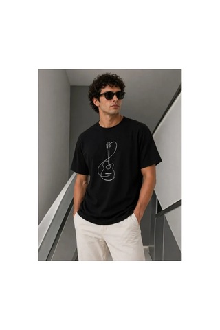 Butik İstanbul Erkek Minimal Gitar Baskılı Tişört T-shirt Yazlık Kısa Kol Bisiklet Yaka T-shirt - Siyah