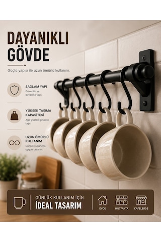 Siyah Metal 6 Kancalı Duvar Askılığı – Vidalı Mutfak & Banyo Askı Borusu, Dayanıklı Ferforje Tasarım