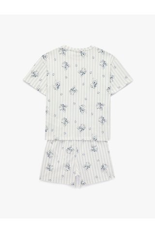 Koton Lisanslı Pamuklu Stitch Baskılı Kısa Kollu Şortlu Pijama Takımı Mavi Çizgili 6slk40209mk