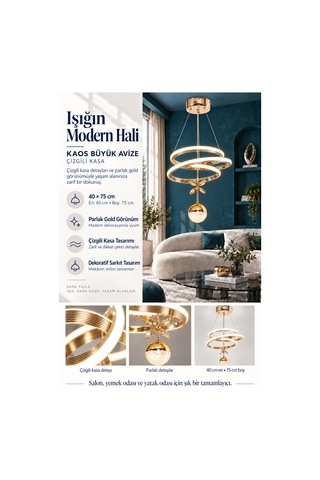 Kaos Büyük Modern Ledli Avize Çizgili 3 Renk Power Ledli Gold Kaplama Kumandalı Yatak Odası Salon Mutfak