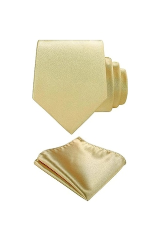 Tezzgelsin Erkek Saten Kravat Mendil Ve Gold Çelik Kravat İğne Set Şampanya