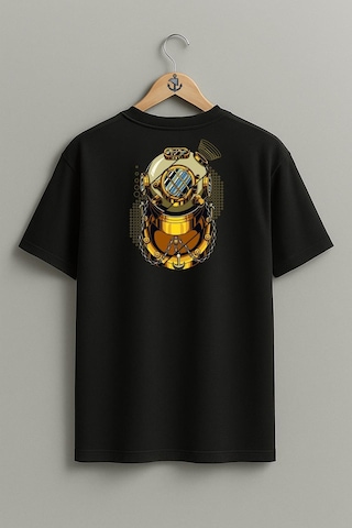 Oversize Gold Dalış Başlığı Cep Ve Sırt Tasarımlı Unisex T-shirt Siyah