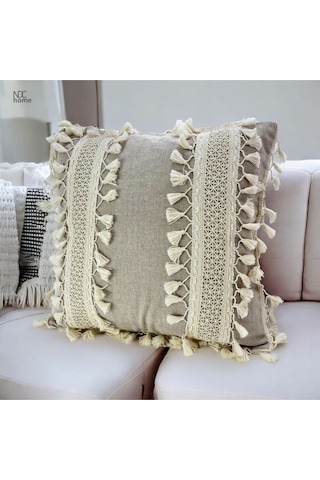 Dnc Home Tekstil Ndchome Bej Keten Kalın Dantel Ponponlu Kırlent Kırlent Kılıfı 43 X 43