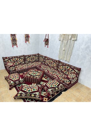 Coton Şark Köşesi Yörük Desenli Minder Takımı Bordo 18 Parça