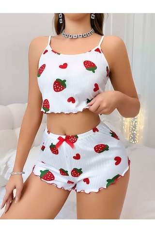 Kadın Beyaz Çilek Desenli Şortlu Pijama Takımı 5053 Beyaz