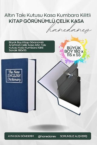 Büyük Boy Kitap Görünümlü Anahtarlı Çelik Kasa Altın Takı Kutusu Kasa Kumbara Kilitli Sandık 180x115