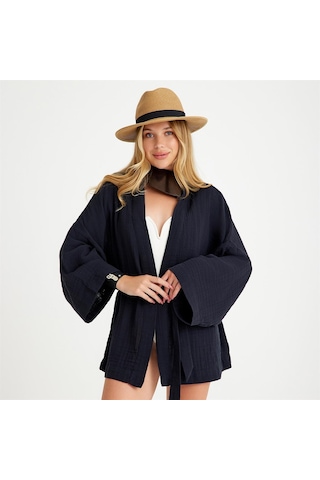 Pamuklu Dokuma Beli Kuşaklı Mini Kadın Kimono Kaftan - Standart Siyah
