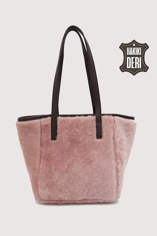 Hakiki Deri Kürklü Kadın El Çantası Pudra Smr9152 Pudra