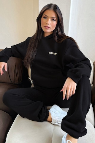 Siyah Fetch Eşofman Takımı - Baskılı Oversize Kapüşonlu Şardonlu Siyah