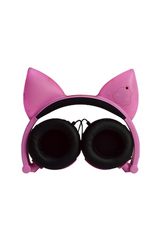 Leezsing Pembe Işık Açan Tilki Kulaklı Kablolu Kulaklık - 3.5mm, Katlanabilir, 18 Saat Pil Ömrü