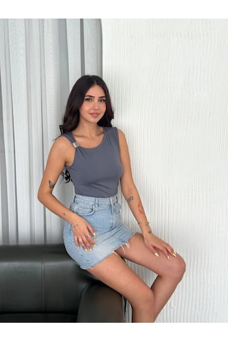 Wear Vexel Osy Modal Yumuşak Dokulu Bisiklet Yaka Kadın Sıfır Kol Bluz Omuz Toka Aksesuar - Antrasit Çok Renkli