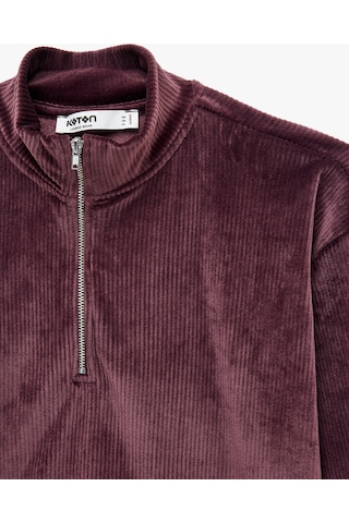 Koton Rahat Kalıp Dik Yaka Yarım Fermuarlı Uzun Kollu Kadife Pijama Üstü Mürdüm 7wlk40150mk Mor