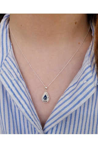 925 Ayar Gümüş Damla Model Nazar Boncuklu Gümüş Kolye