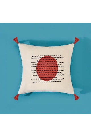 Evidea Soft Nakışlı Püsküllü Kırlent - Ekru / Kiremit - 40x40 Cm Ekru / Kiremit