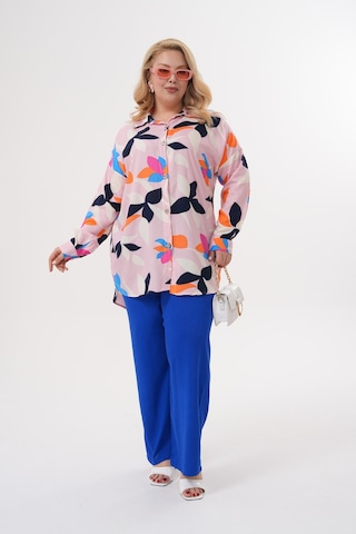 Polologin Butik Yaprak Desenli Pembe Viskon Tunik Pembe
