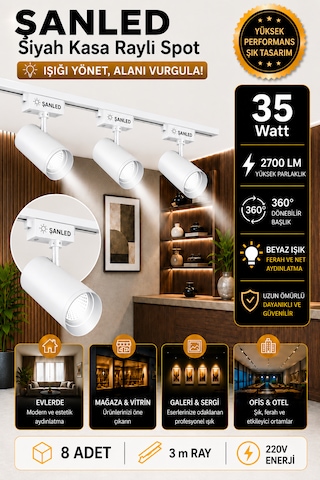 Led Beyaz Kasa Beyaz Işık 35w Raylı Spot / 8 Adet 3 Metre Ray