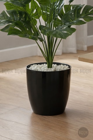 Biçiçek Yapay Monstera Deve Tabanı Yakut Saksıda Siyah