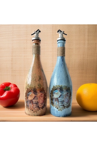 Desenli Sunum Stantlı 2'li 750 Ml Zeytinyağı Şişesi Yağdanlık