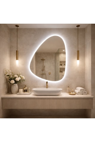 55x77 Cm Modern Asimetrik Led Banyo Aynası Dokunmatik Sensörlü, Dimmerli, 6500k Beyaz Işık Beyaz