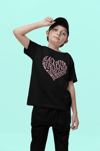 Sevbano Blackpink Kalp Baskılı Unisex Müzik Grubu Çocuk Tişört 1-12 Yaş Siyah