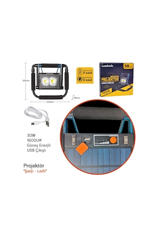 Lambada Projektör Güneş Enerjili Şarjlı C.o.b Ledli 30w 1600l Usb Çıkışlı Br4500202