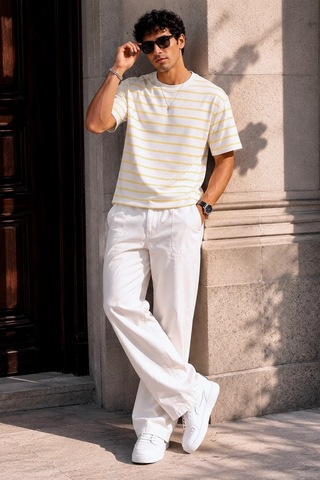 Bbbutikbasic Erkek Oversize Basic Bisiklet Yaka Pamuklu Tişört My3535 Sarı Çizgili