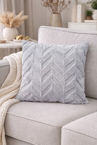 Peluş Dekoratif Kırlent Kılıfı İskandinav Zigzag-balıksırtı 4 Lü Set 42x42 Cm Açık Gri