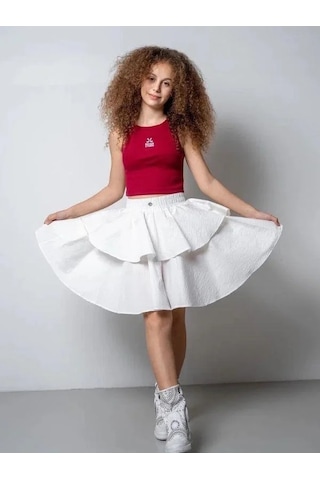 Kız Çocuk Poplin Beli Lastikli Kat Kat Tasarım Etek-15807 Beyaz