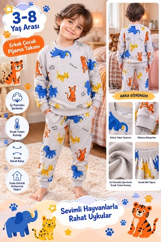 Üç Gül Ticaret Erkek Çocuk 3-8 Yaş Sevimli Hayvan Desenli Pijama Takımı İçi Pamuklu Şardonlu Gri