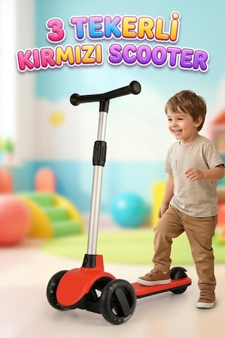 Led Işıklı Silikon 3 Tekerli Katlanabilir Yükseklik Ayarlı 50kg Taşıma Kapasiteli Çocuk Scooter Kırmızı