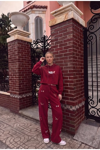 Kadın Bordo W6-35 Sweatshirt Eşofman Pantolon 2'li Nakış Figürlü Tasarım Takım