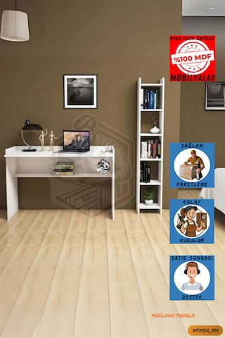 Tamamı Mdf Boy Kitaplıklı 6 Raflı Modern Çalışma Odası Seti