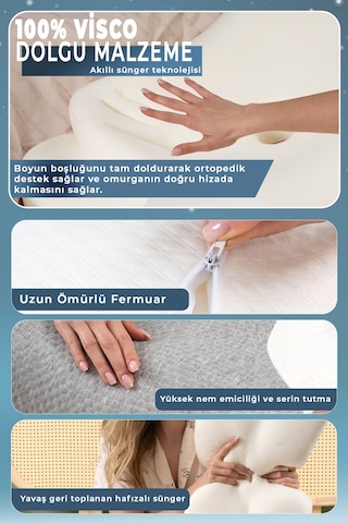Nova Visco Yastık Ortopedik Boyun Destekli Memory Foam Ergonomik Yastık Gri Viskon Kılıf 62x42 Gri-beyaz