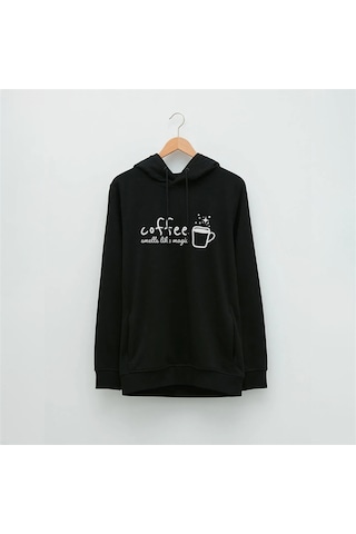 Kahve Temalı Özel Tasarım Baskılı Kapüşonlu Sweatshirt A Siyah