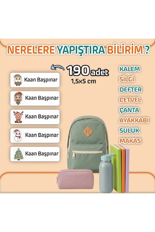 Kapbirhediye Okul Etiketi Isme Özel Kalem Defter Etiketi Yılbaşı Temalı 190 Adet Çok Renkli