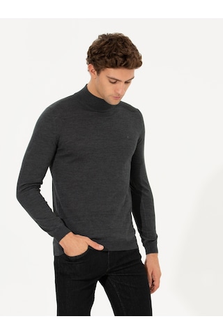 Cacharel Antrasit Melanj Slim Fit Yarım Balıkçı Basic Triko Kazak Gri