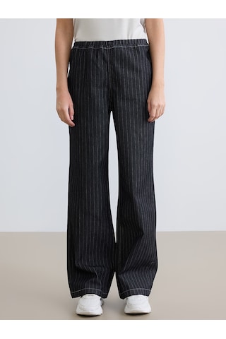 Lcw Eco Siyah Beli Lastikli Çizgili Wideleg Kadın Jean Pantolon