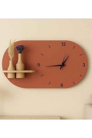 Modern Tasarım Raflı Nera Duvar Saati 75x45 Turuncu