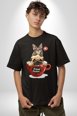 Kedi Ve Köpek Sonsuzadek Arkadaşız Pamuklu Bisiklet Yaka Unisex Oversize Boyfriend Dijital Baskılı Siyah T-shirt Siyah