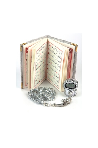 Taşlı Zikirmatik - Mini Kadife Yasin - İnci Tesbihli Hediyelik Set - Gri Renk