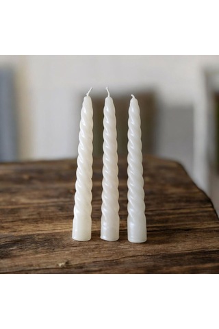 Denic 3 Lü Parlak Krem İtalyan Burgulu Şamdan Mum Kıvrımlı Mum