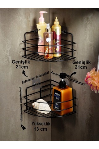 Ömür Boyu Paslanmaz Yapışkanlı Banyo Köşeliği Düzenleyici Şampuanlık Duş Rafı 2 Adet Siyah TK-01