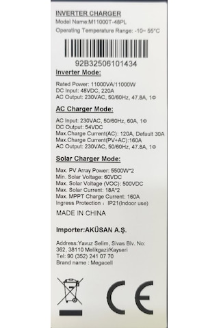 Megacell M11000t-48pl - 11kw 48v Mppt 160a Paralellenebilir Hibrit İnvertör