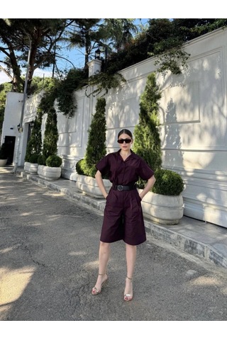 Zenna Tarz Yakalı Gömlek Kemerli Şortlu Takım - Bordo